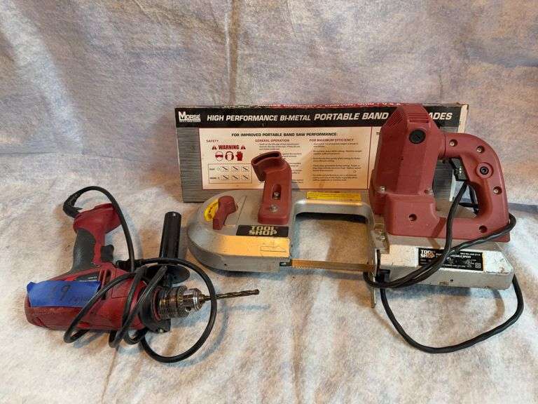 One lot Tool Shop variable speed bandsaw with extra blade, cuts 4 and 3/4 with wide by 5 in deep. Skill 1/2-in drill, variable speed and reverse. Craftsman socket wrench set metric and SAE 1/2 in 3/8 in and 1/4-in sockets. Black& Decker industrial die grinder with five bits. image