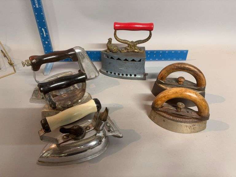 Six irons including one w hinged lid and rooster latch, one w fancy design image
