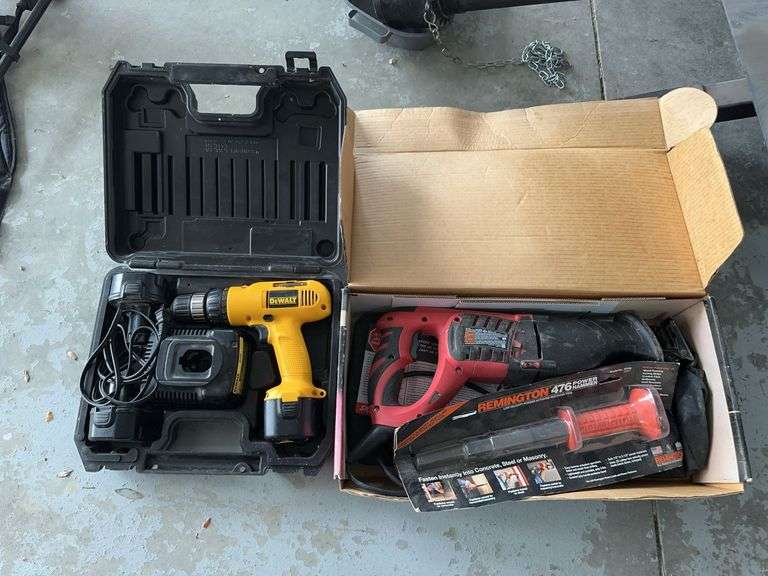 Dewalt cordless drill, Skil recip saw and Remington power hammer image