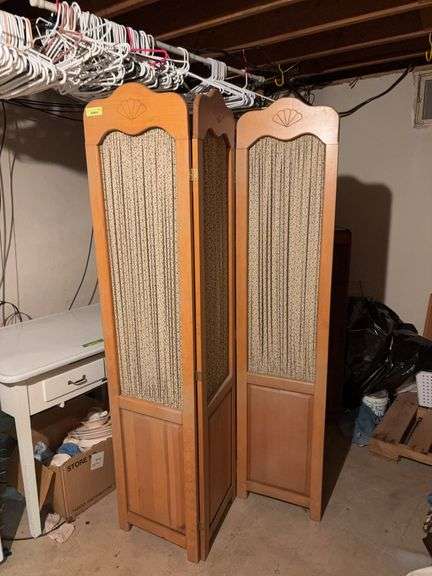 Three panel dressing screen Each panel measures approx 16x70 image