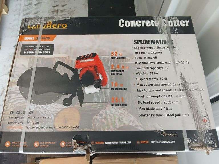 Concrete Cutter	landhonor		LDH-CC16	"Engineer type: Single cylinder,air cooling, 2 stroke Fuel: Mixed oil (Gasoline: two-troke engine oil- 25: 1) Fuel tank capacity: 1L Weight: 33 lbs Displacement: 52 cc Max power and speed: 2kw/ 9000r/ min Max torque and speed: 2.4N.m/5000r/ min Fuel consumption rate: <0.60 l/ h No load speed: 9000 r/ min Max blade dia: 16 in Starter system: Hand pull start", MOUNT VERNON image