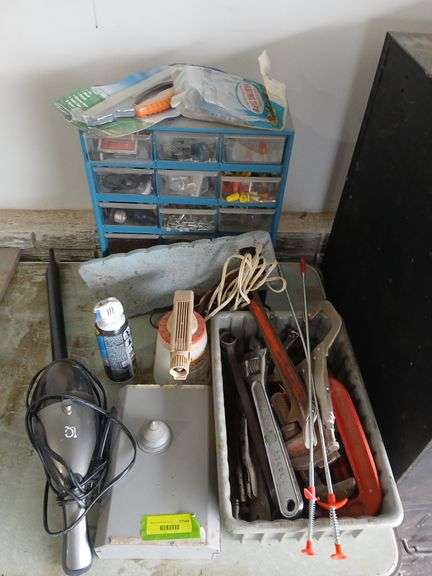 Hand vac, pipe wrench, cresent wrench, C clamps, assortment drawer and more image