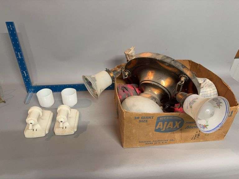 Ceiling mount light and two porcelain wall lights with milk glass shades image