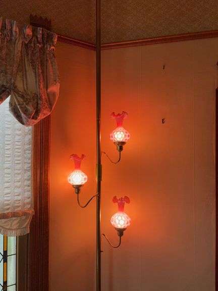 Fenton?? cranberry opalescent coin dot lamp shades on modern floor to ceiling pole image
