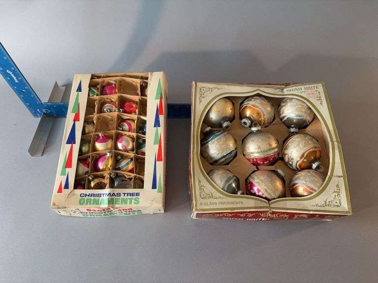 Two boxes Christmas bulbs w original boxes, Shiny Brite and Santa Land image