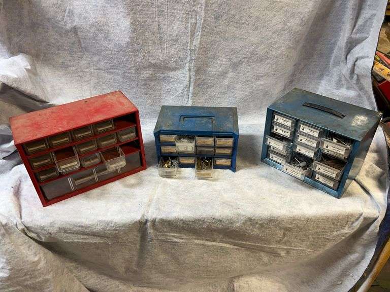 Drawer sets, one each 12 drawer set, 9 -1/2 wide x 6-in deep x 6 in high, one each 15 Drawer 10 in wide x 6 in deep x 8 in high, one 16 drawer set(two missing) 12 in wide x 6 in deep x 8 -1/2 in high, large tool box 18 in wide x 8 in deep x 9 in high, extension cord wrap, 48-in yardstick. image