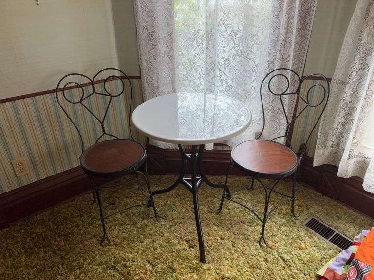 Ice cream parlor table 24R with milk glass top and two bent rod chairs image