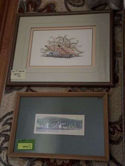 Lakeside print and seashell needlework, framed image
