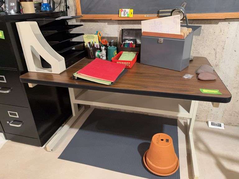 Computer table, metal file box, metal desk trays, and desk accessories image