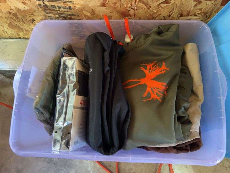 Tote full of men’s clothing, size large and extra large include sweatshirts, new boxer shorts, T-shirts, long underwear, shorts