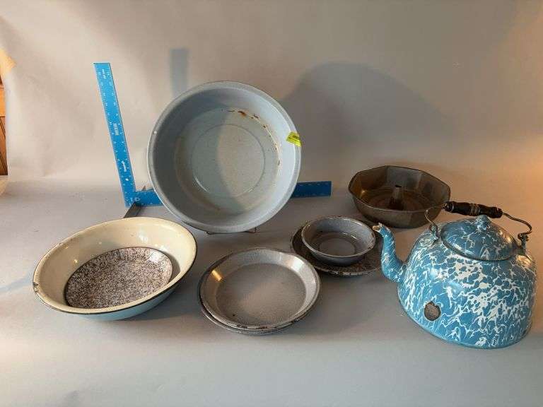 Various granite/enamel ware, blue swirl tea kettle image