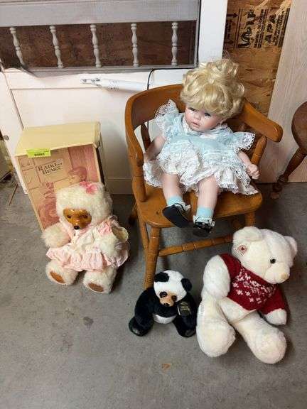 Child size wraparound chair with 2 Raikes bears, Sharon P doll and a Heartland bear image