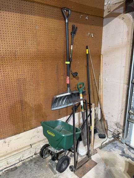 Long handle yard tools and broadcast spreader