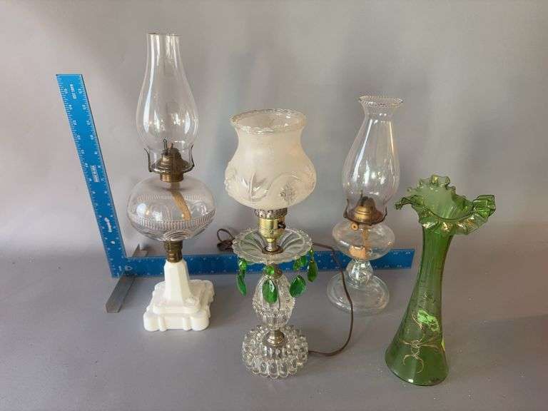 Two oil lamps, table lamp w green prisms, green glass vase image