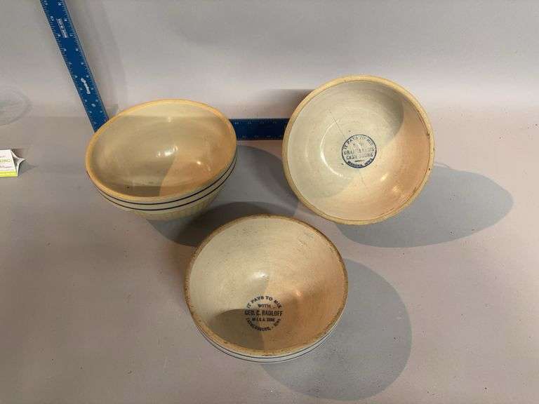 Three stoneware bowls w advertising See photos for condition image