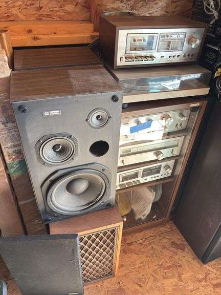 Entire pioneer stereo set up, including amplifier, tuner, cassette tape deck, turntable, additional cassette tape deck, and four speakers image