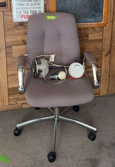 Office chair and desk light, chalkboard and sign image