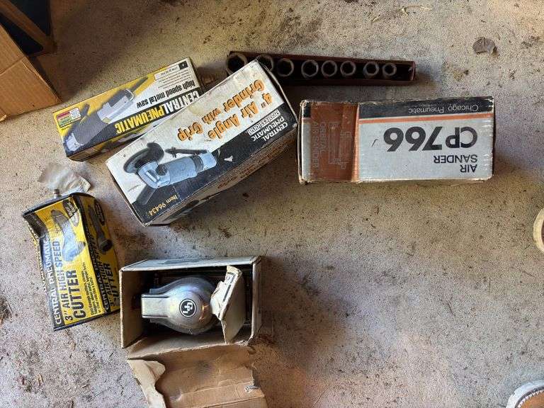 Assorted air tools - high speed cutter, two sanders, grinder and metal saw and impact socket set