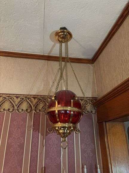 Sanctuary lamp w cranberry shade and brass hanger image