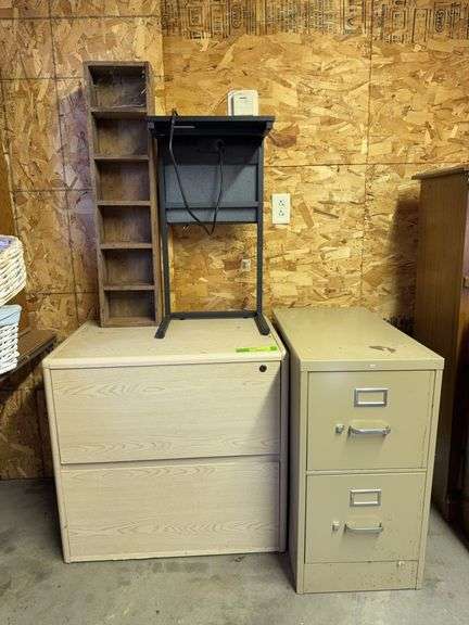 2 drawer lateral and standard file cabinets, elec projection table and cd rack image