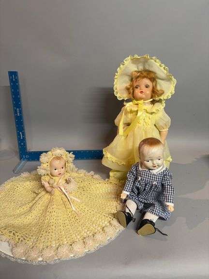 Horseman Composition doll w/sleep eyes, Mohair, smaller composition open mouth doll very old, and dresser doll w/crocheted dress also very old image