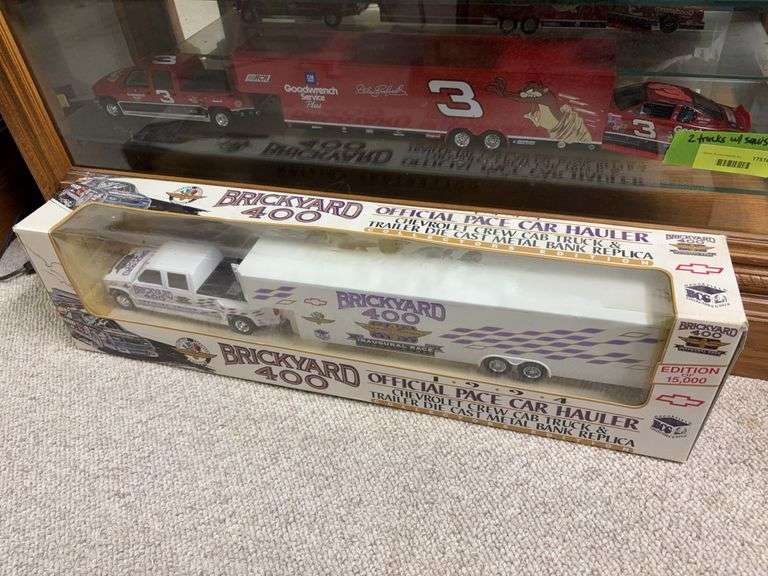 Die cast Dale Earnhardt Sr Chevy crew cab truck and trailer, 1994 Brickyard 400 official pace car hauler die cast bank replica image