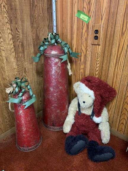 2 giant tin bells and a Teddy Santa image