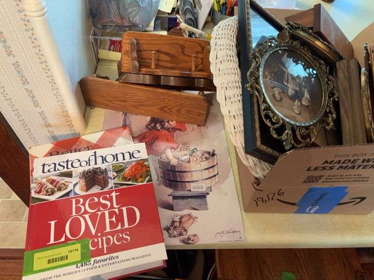Recipe book, picture frames, tin sign, misc shelves