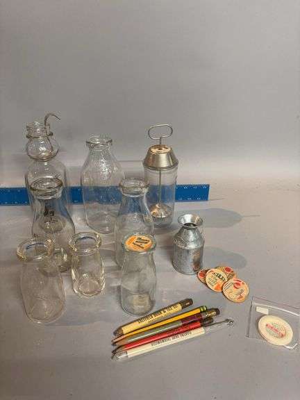Milk bottles, cream spoon, Kraft Malted mixing jar image