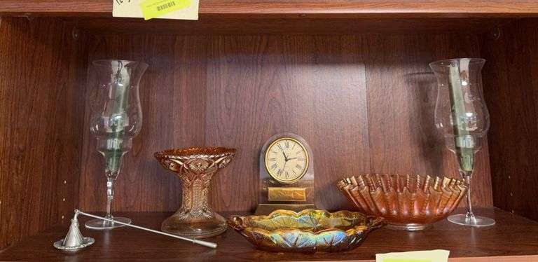 3 pcs of carnival glass, clock and candle holders