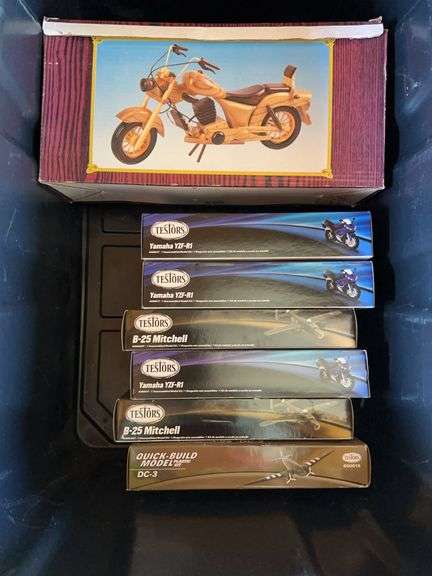 NIB Testors model kits and wood motorcycle image