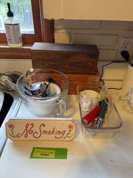 Wooden recipe boxes, “No Smoking” sign, glass loaf pan, wet & dry measuring cups, etc image