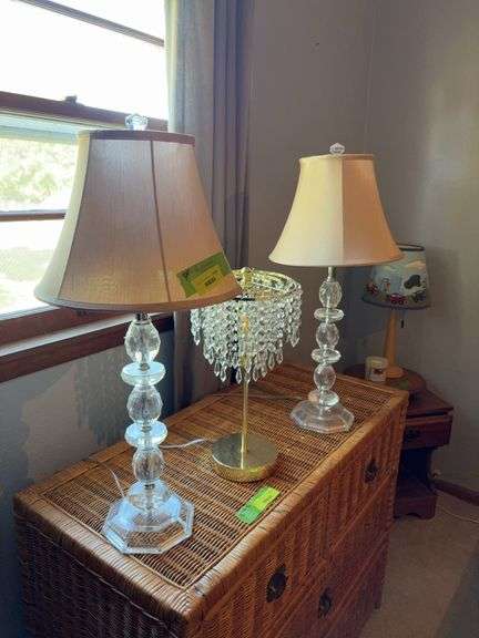 Pair of matching clear acrylic lamps and small lamp w glass prisms image