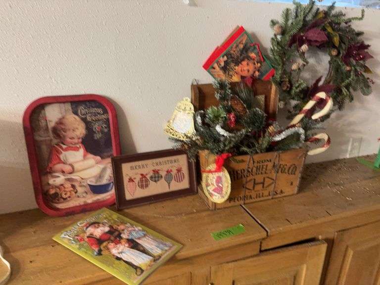 Christmas group includes tray, Father Christmas book, Herschel Mfg Co Peoria Illinois wooden box decorated, picture and wreath image