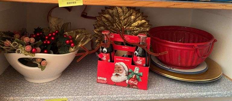 Christmas decor-Food Network bowl, Coca-Cola reindeers, Santa’s cookie plate, large gingerbread man, chargers, gold poinsettia image