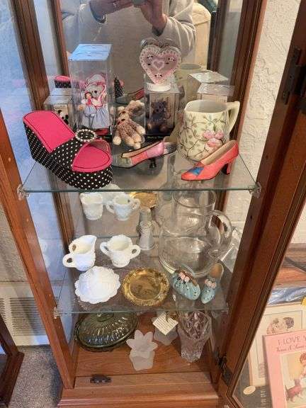 Three shelves of collectibles includes Westmoreland milk glass miniatures, pink glass, green glass, World of Miniature Bears bears, mini shoes, etc image