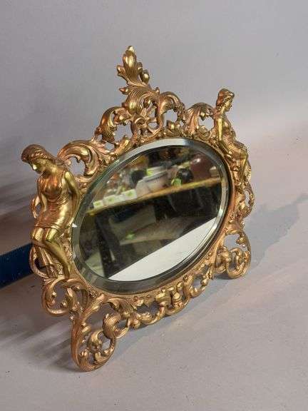 Beveled edge tabletop mirror w brass frame with risqué women 14H x 15L, heavy image