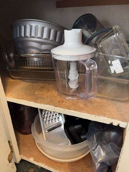 Clear glass baking dishes, egg cooker, rolling pin, cheese grater, etc image