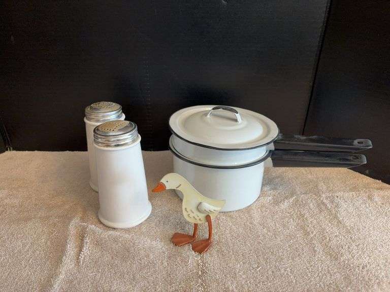 Enamelware double boiler, heavy S&P shakers and a duck image