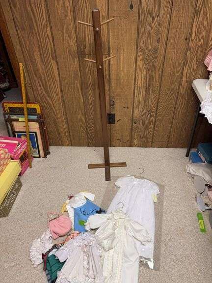 Approx 4’ tall hall tree with doll and child size clothes image