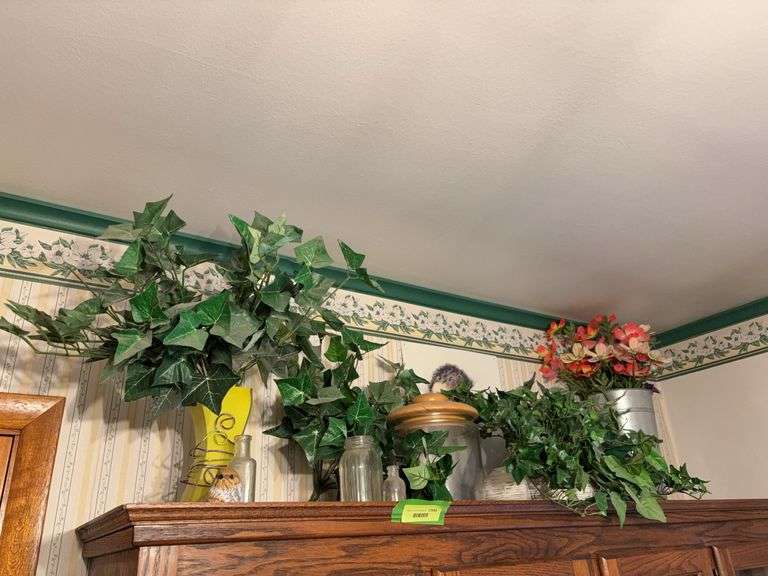 Artificial decor, glass counter jar w wooden lid, candleholders, kids art, etc image