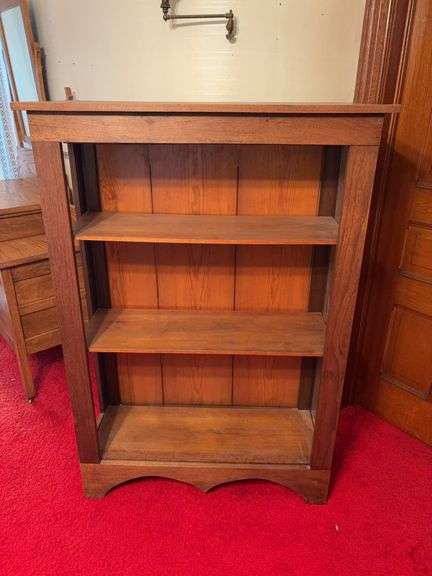 Open walnut shelf with one side glass panel with crack 16D x 38L x 54H image