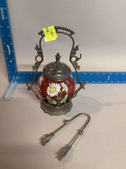Hand enameled ruby pickle castor w/ tongs image