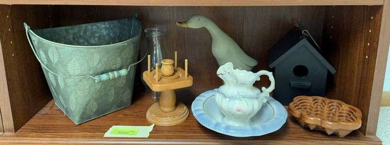 New tin pail, folk art style wood duck, birdhouse etc...