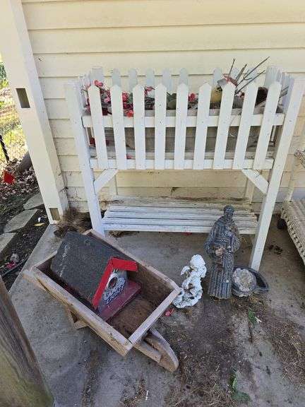 Planter box, wheel barrow decor, bird houses and more image