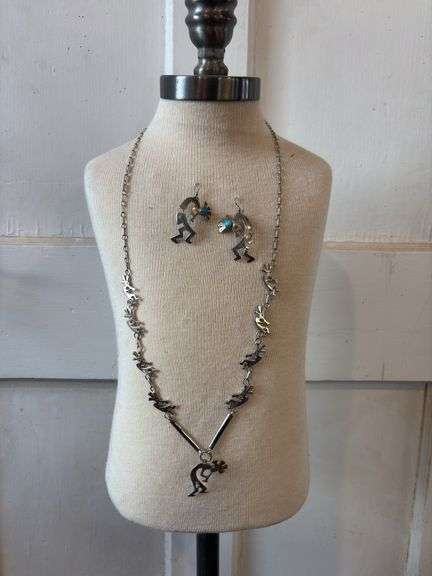 Sterling and turquoise Kokapelli necklace and earrings set 46 g total weight image