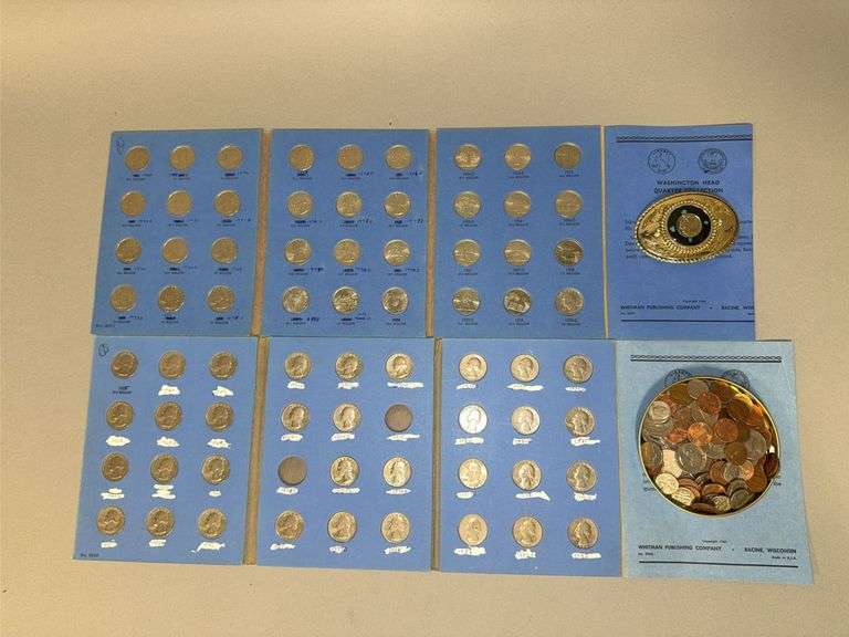Washington head quarters as shown, loose change in tin includes pennies to half dollars and a belt buckle with Indian Head nickel image