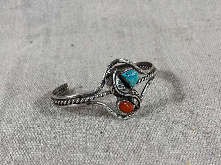 Unmarked vintage coral and turquoise cuff 19 g total weight image