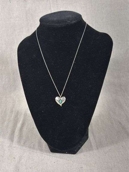 Unmarked, vintage shadowbox heart and turquoise pendant and with light chain image