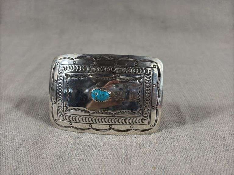 Sterling and turquoise stamped belt buckle 25 g 3“ x 2“ image